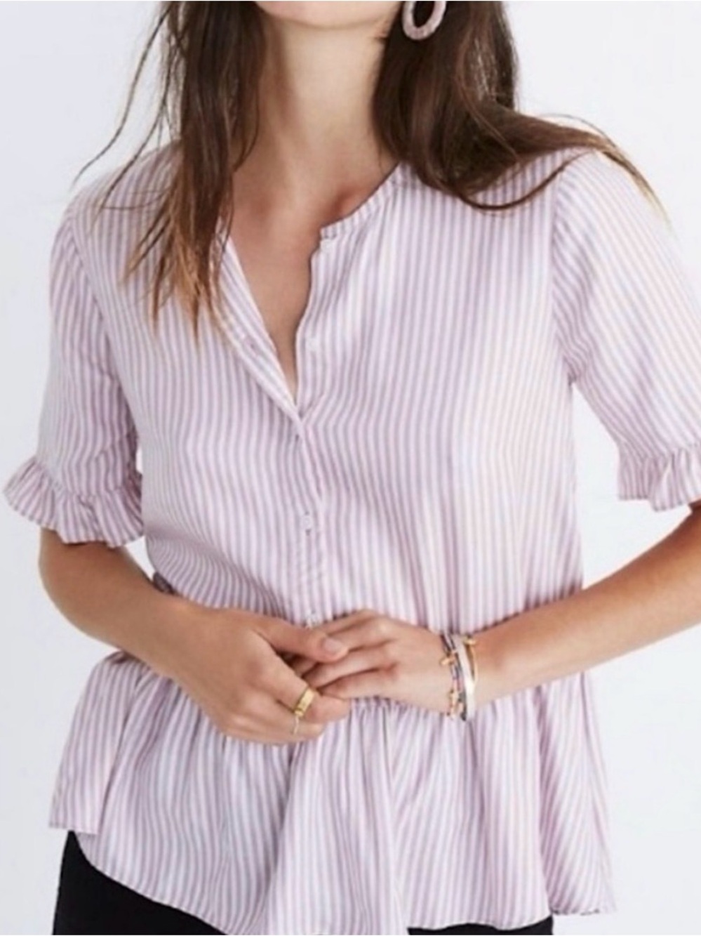Madewell Studio Striped Ruffle Hem Serene Lavender Peplum Button-Front Blouse